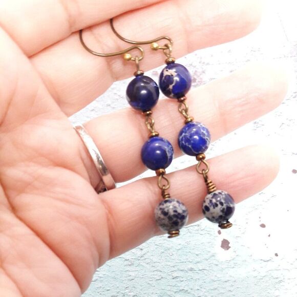 Artisan earrings 407# dangle earrings Navy Blue marble web beads Antique.Bronz - Picture 2 of 3